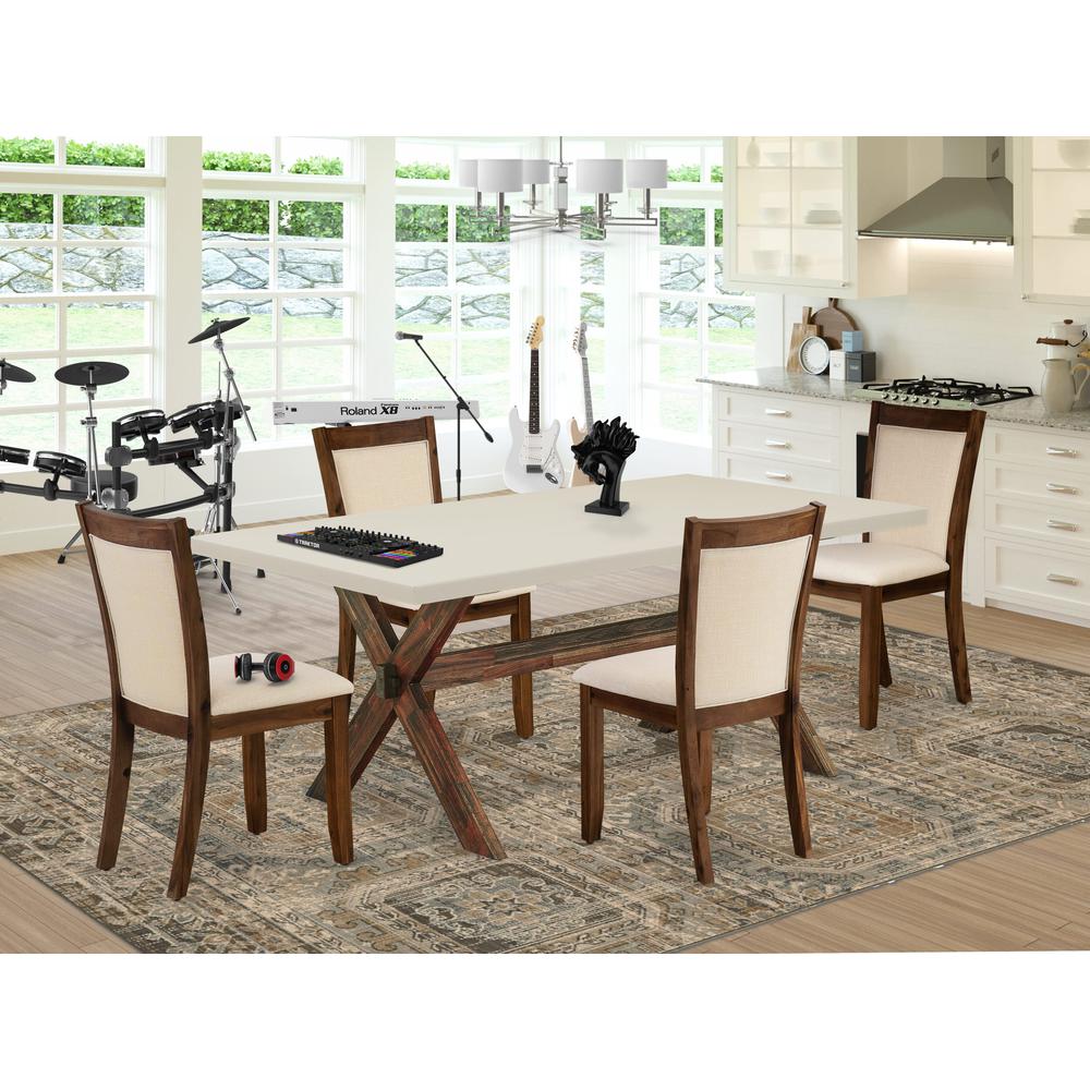 East West Furniture 5-Pc Modern Dining Set Contains a Wooden Dining Table and 4 Light Beige Linen Fabric Upholstered Dining Chairs with Stylish Back - Distressed Jacobean Finish. Picture 2