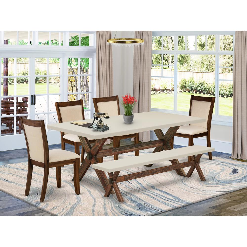East West Furniture 6-Piece Kitchen Table Set Includes a Dinner Table and a Kitchen Bench with 4 Light Beige Linen Fabric Upholstered Chairs with Stylish Back - Distressed Jacobean Finish. Picture 2