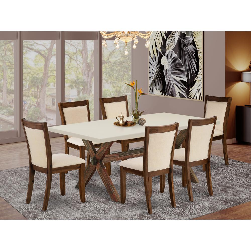 East West Furniture 7-Pc Dining Set Consists of a Wood Dining Table and 6 Light Beige Linen Fabric Dinning Room Chairs with Stylish Back - Distressed Jacobean Finish. Picture 2