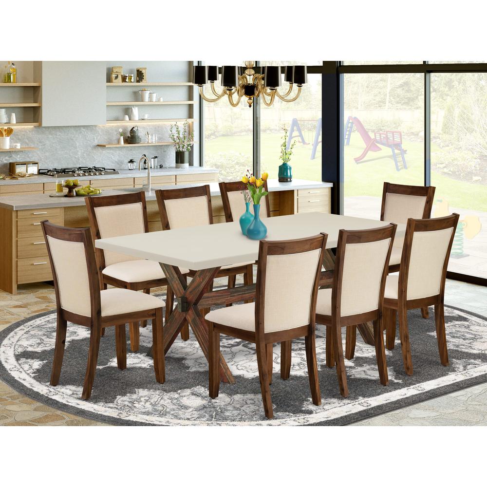 East West Furniture 9-Piece Dining Table Set Contains a Wood Dining Table and 8 Light Beige Linen Fabric Mid Century Dining Chairs with Stylish Back - Distressed Jacobean Finish. Picture 2