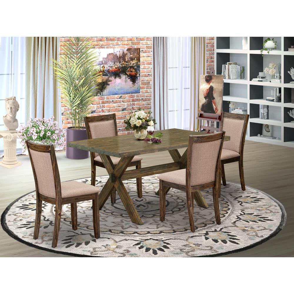 X776MZ716-5 5 Piece Modern Dining Table Set - A Dinning Table with Trestle Base and 4 dinner chairs - Distressed Jacobean Finish. Picture 2