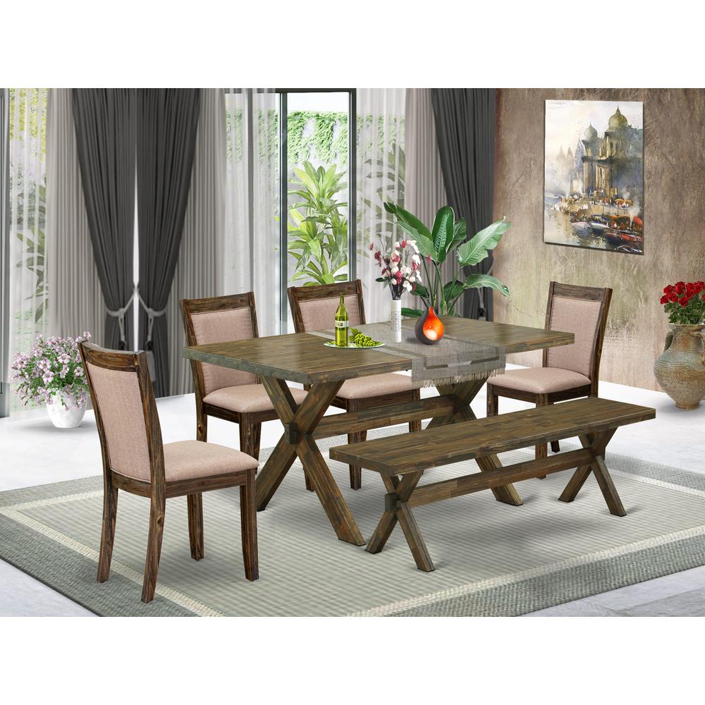 X776MZ716-6 6 Pc Dining Table Set- A Wood Table in Trestle Base with Rustic Bench and 4 Dining Chairs - Distressed Jacobean Finish. Picture 2