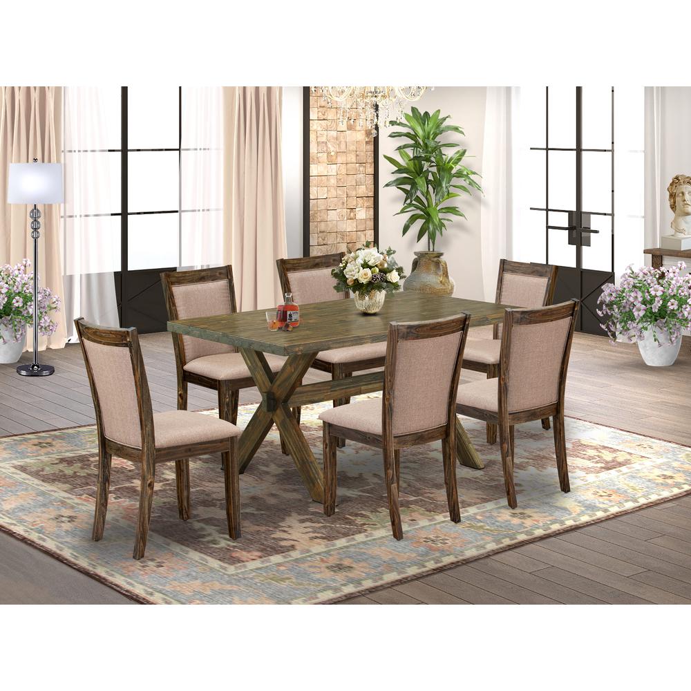 X776MZ716-7 7 Pc Modern Kitchen Dining Set - A Dining Table with Trestle Base and 6 Dining Chairs - Distressed Jacobean Finish. Picture 2