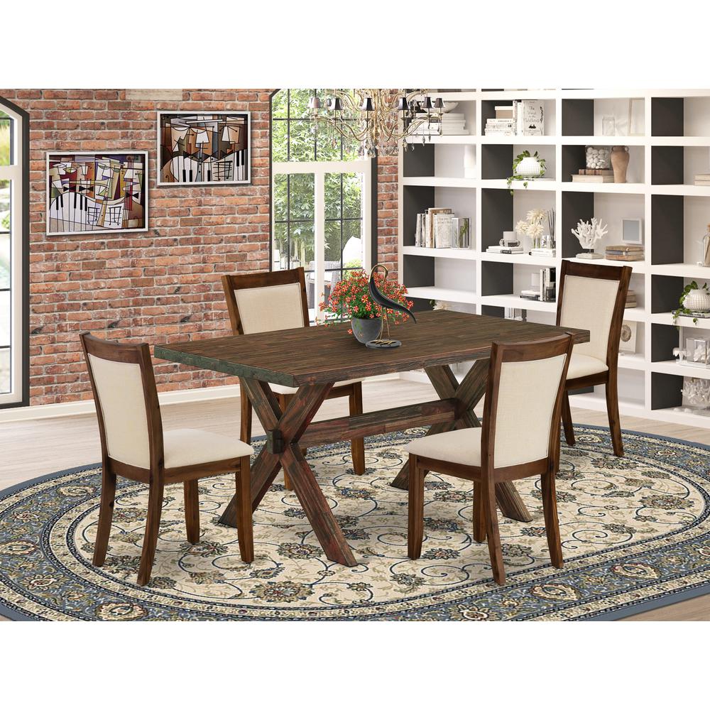 East West Furniture 5-Pc Dining Room Table Set Includes a Wooden Table and 4 Light Beige Linen Fabric Upholstered Chairs with Stylish Back - Distressed Jacobean Finish. Picture 2