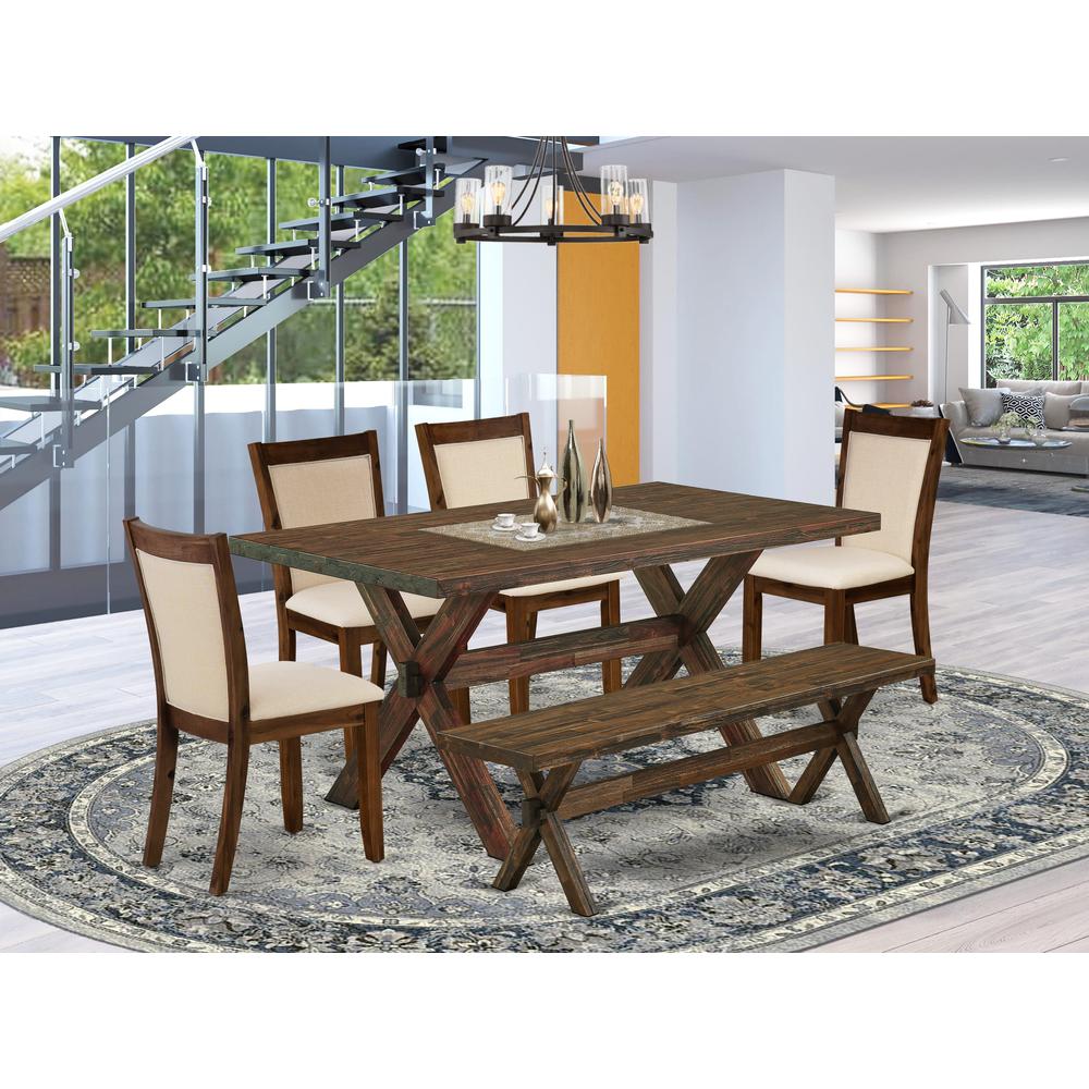 East West Furniture 6-Piece Dining Room Set Consists of a Rectangular Table and a Wooden Bench with 4 Light Beige Linen Fabric Dinner Chairs with Stylish Back - Distressed Jacobean Finish. Picture 2
