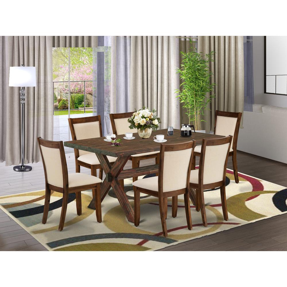 East West Furniture 7-Pc Kitchen Table Set Contains a Mid Century Table and 6 Light Beige Linen Fabric Parsons Chairs with Stylish Back - Distressed Jacobean Finish. Picture 2
