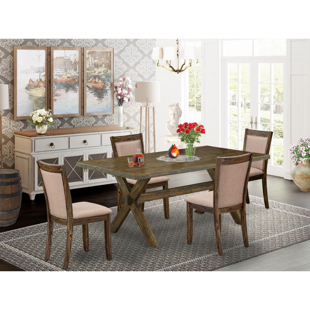 East West Furniture 5 Piece Dining Table Set - A Distressed Jacobean Top Kitchen Table with Trestle Base and 4 Dark Khaki Linen Fabric Dining Chairs - Distressed Jacobean Finish. Picture 2