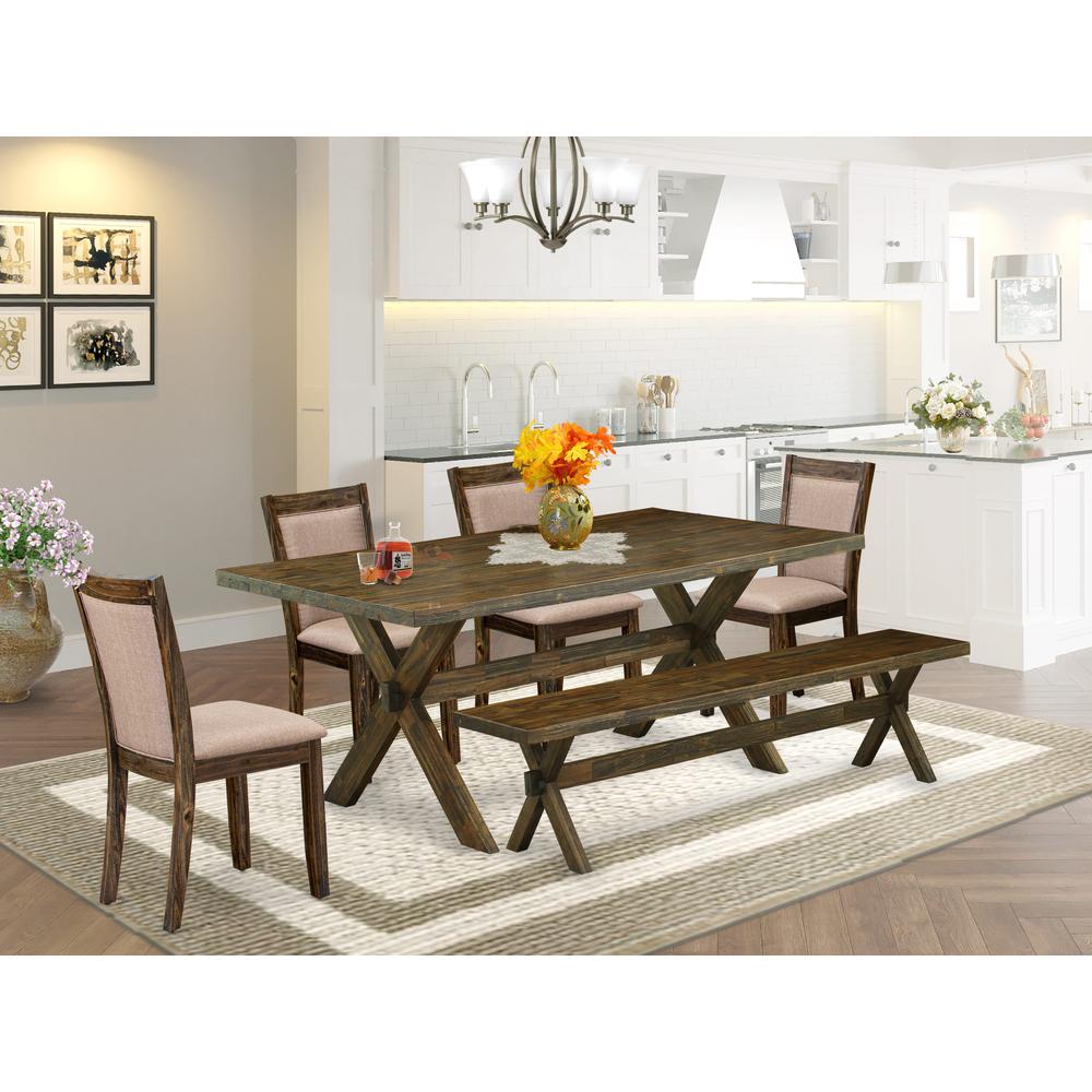 East West Furniture 6 Piece Dinette Set- A Distressed Jacobean Top Modern Dining Table in Trestle Base with Bench and 4 Dark Khaki Linen Fabric Dining Chairs - Distressed Jacobean Finish. Picture 2