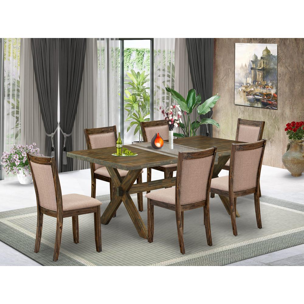 East West Furniture 7 Piece Rustic Dining Table Set - A Distressed Jacobean Top Wooden Table with Trestle Base and 6 Dark Khaki Linen Fabric Dining Chairs - Distressed Jacobean Finish. Picture 2
