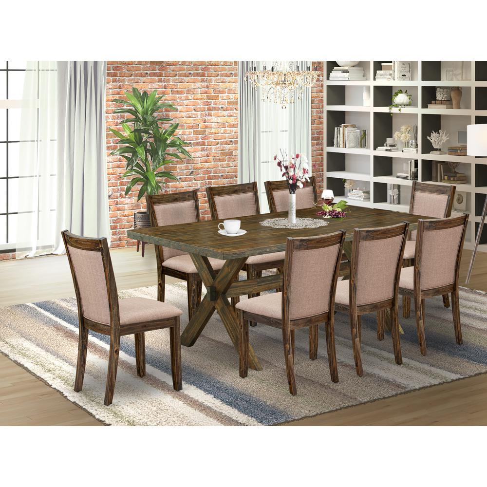East West Furniture 9 Piece Modern Dining Set - A Distressed Jacobean Top Dining Table with Trestle Base and 8 Dark Khaki Linen Fabric Parson Chairs - Distressed Jacobean Finish. Picture 2