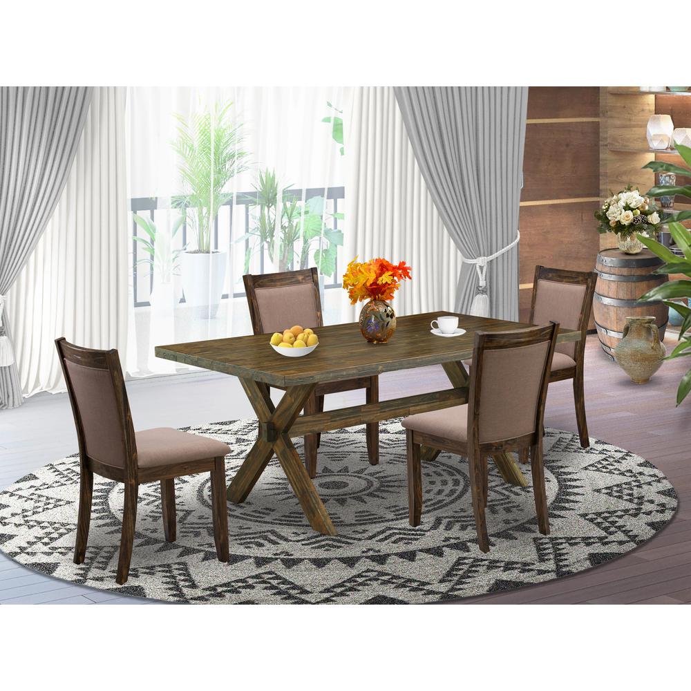 East West Furniture 5 Piece Dinning Table Set - A Distressed Jacobean Top Dining Table with Trestle Base and 4 Coffee Linen Fabric Rustic Dining Chairs - Distressed Jacobean Finish. Picture 2