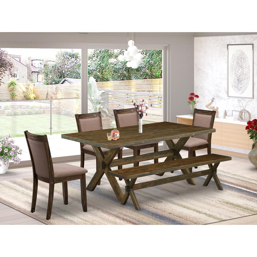 East West Furniture 6 Piece Dining Set- A Distressed Jacobean Top Wooden Table in Trestle Base with Small Wood Bench and 4 Coffee Linen Fabric Kitchen Chairs - Distressed Jacobean Finish. Picture 2