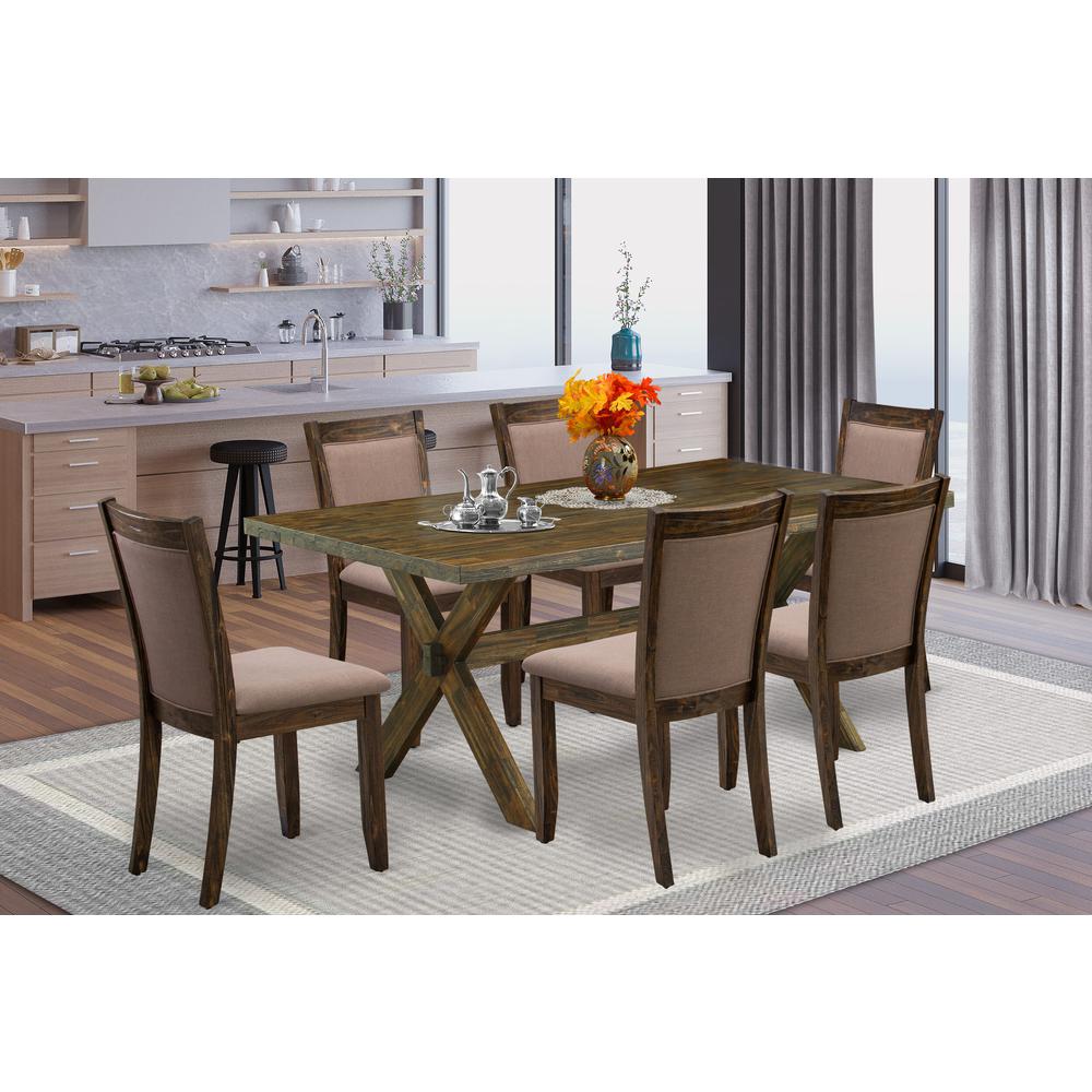 East West Furniture 7 Piece Wooden Kitchen Table Set - A Distressed Jacobean Top Dining Table with Trestle Base and 6 Coffee Linen Fabric Wood Dining Chairs - Distressed Jacobean Finish. Picture 2