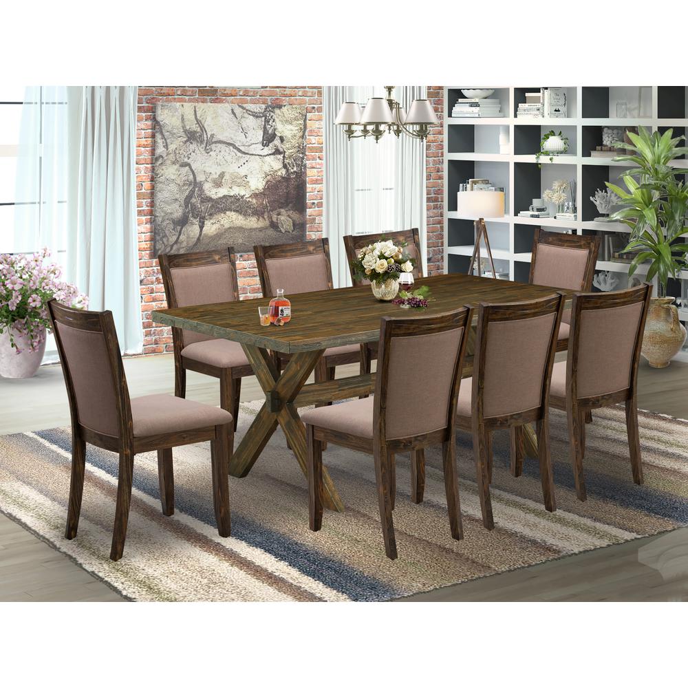 East West Furniture 9 Piece Kitchen Table Set - A Distressed Jacobean Top Kitchen Table with Trestle Base and 8 Coffee Linen Fabric Dinner Chairs - Distressed Jacobean Finish. Picture 2