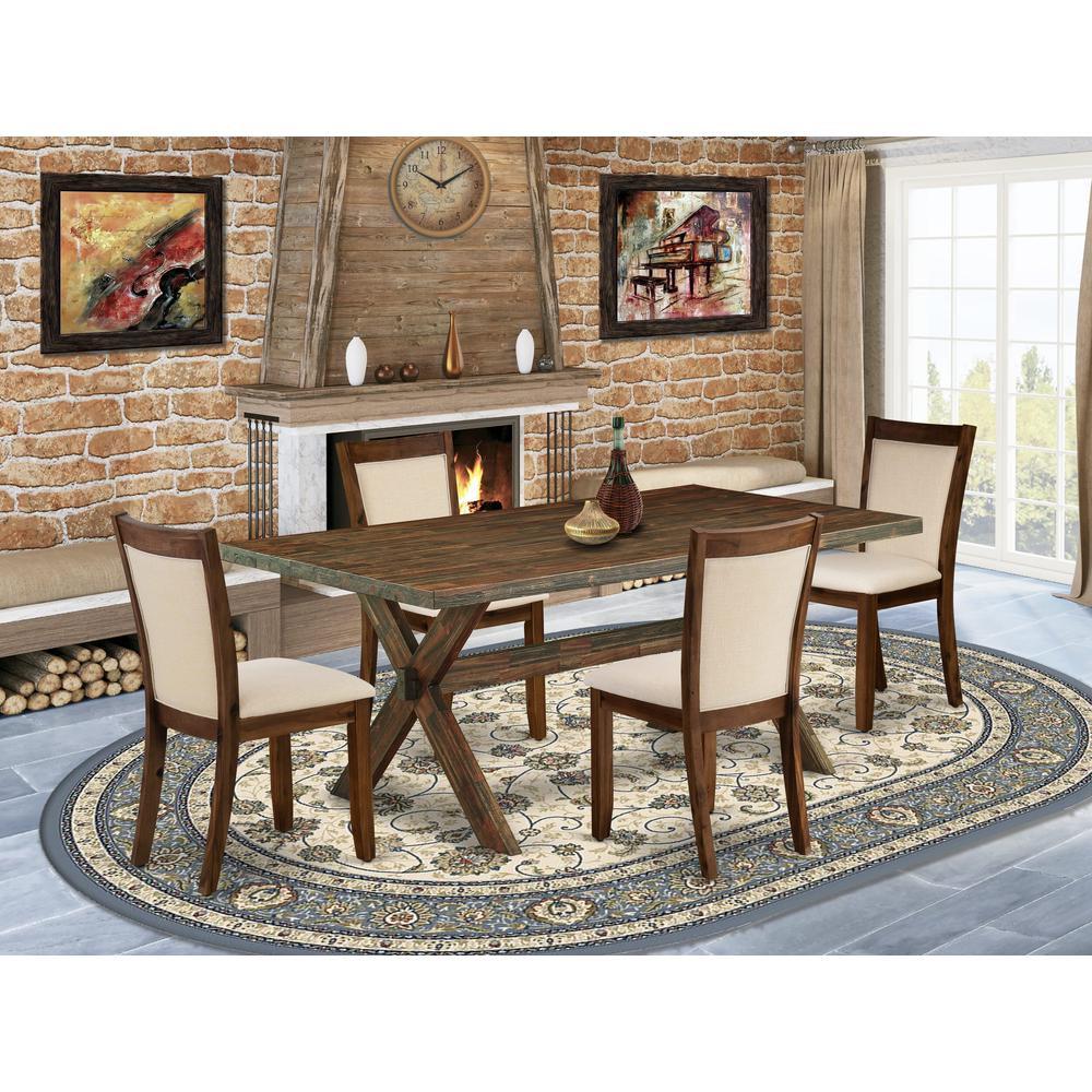 East West Furniture 5-Piece Dining Table Set Includes a Rectangular Dining Table and 4 Light Beige Linen Fabric Upholstered Chairs with Stylish Back - Distressed Jacobean Finish. Picture 2