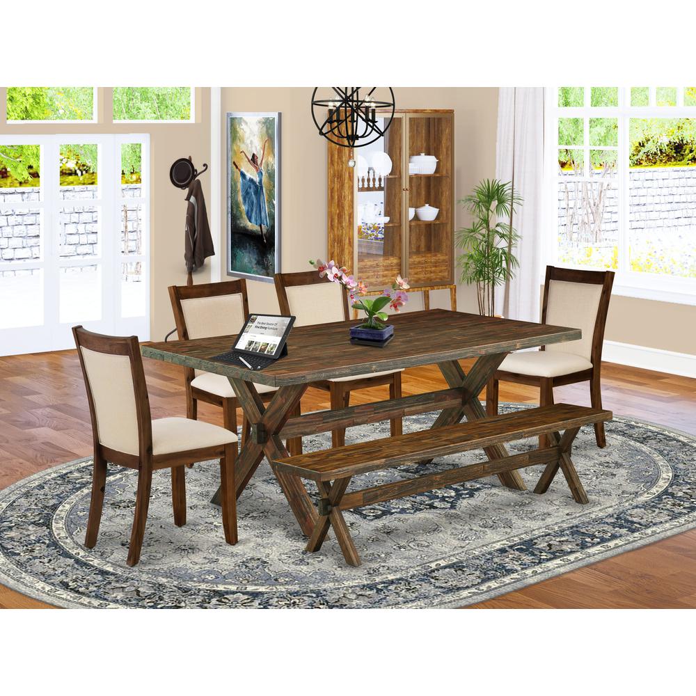 East West Furniture 6-Pc Mid Century Dining Set Consists of a Wood Table and a Dinner Bench with 4 Light Beige Linen Fabric Padded Chairs with Stylish Back - Distressed Jacobean Finish. Picture 1