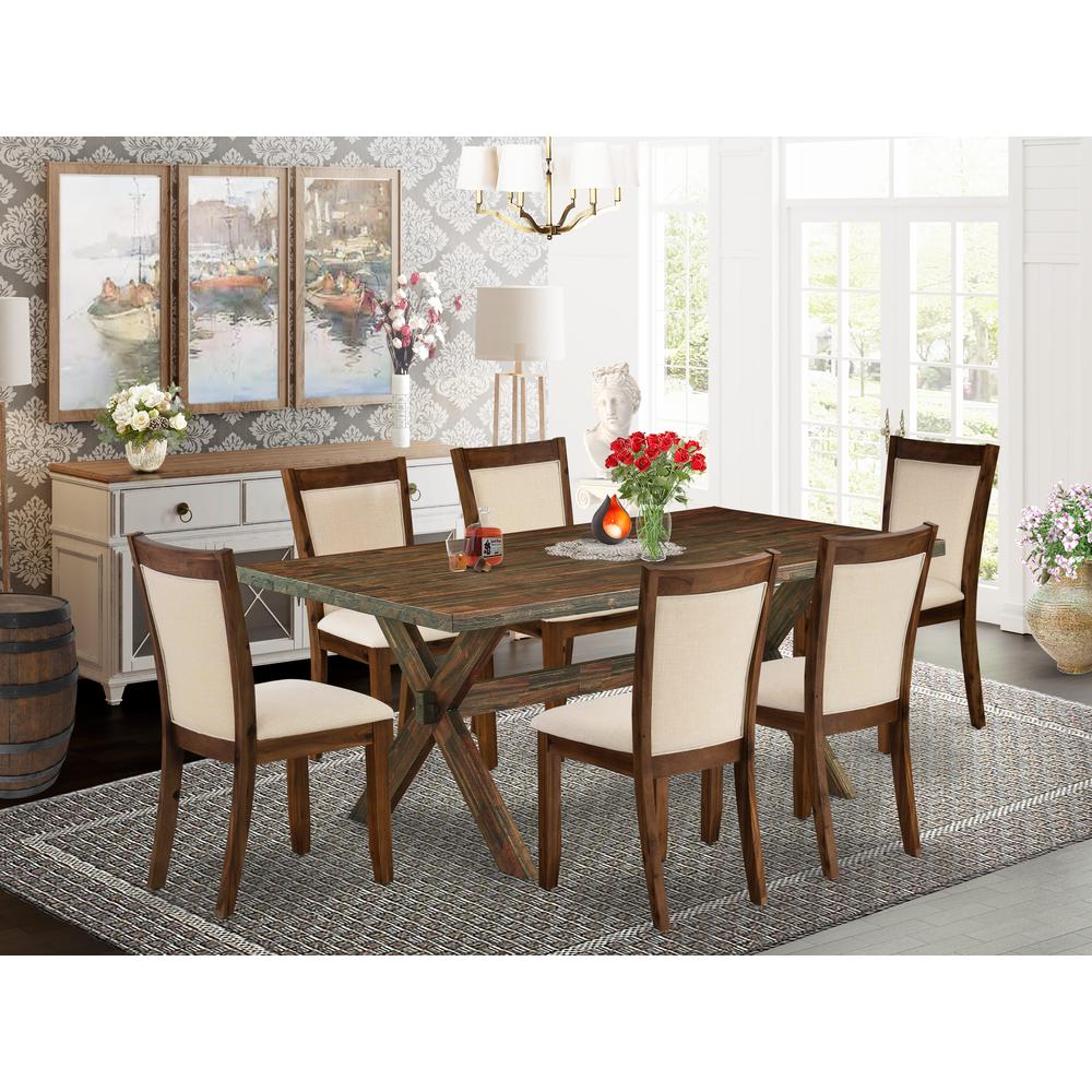 East West Furniture 7-Piece Dining Table Set Contains a Wooden Table and 6 Light Beige Linen Fabric Mid Century Dining Chairs with Stylish Back - Distressed Jacobean Finish. Picture 2