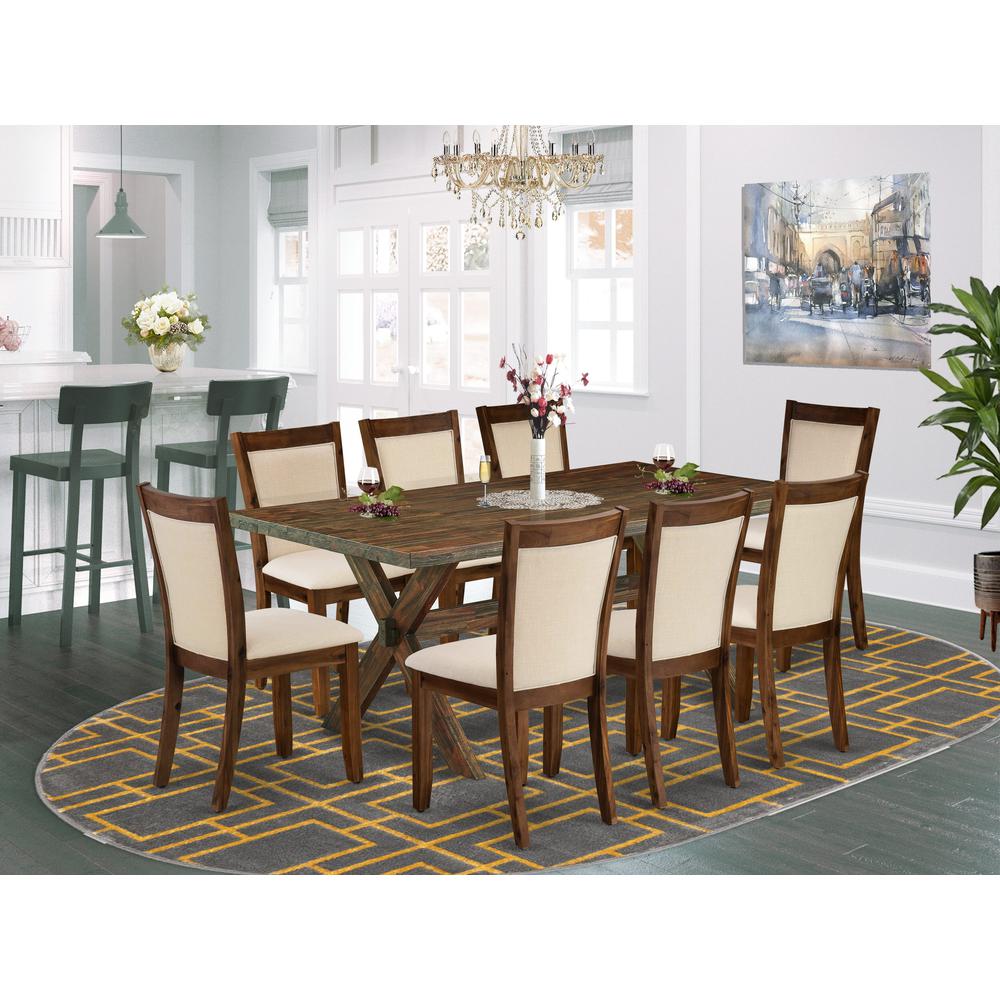 East West Furniture 9-Pc Kitchen Table Set Includes a Wooden Dining Table and 8 Light Beige Linen Fabric Mid Century Dining Chairs with Stylish Back - Distressed Jacobean Finish. Picture 2