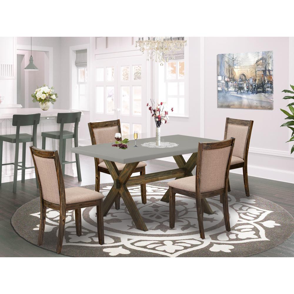 East West Furniture 5 Piece Contemporary Kitchen Dining Table Set - A Cement Top Kitchen Table with Trestle Base and 4 Dark Khaki Linen Fabric Dining Chairs - Distressed Jacobean Finish. Picture 2