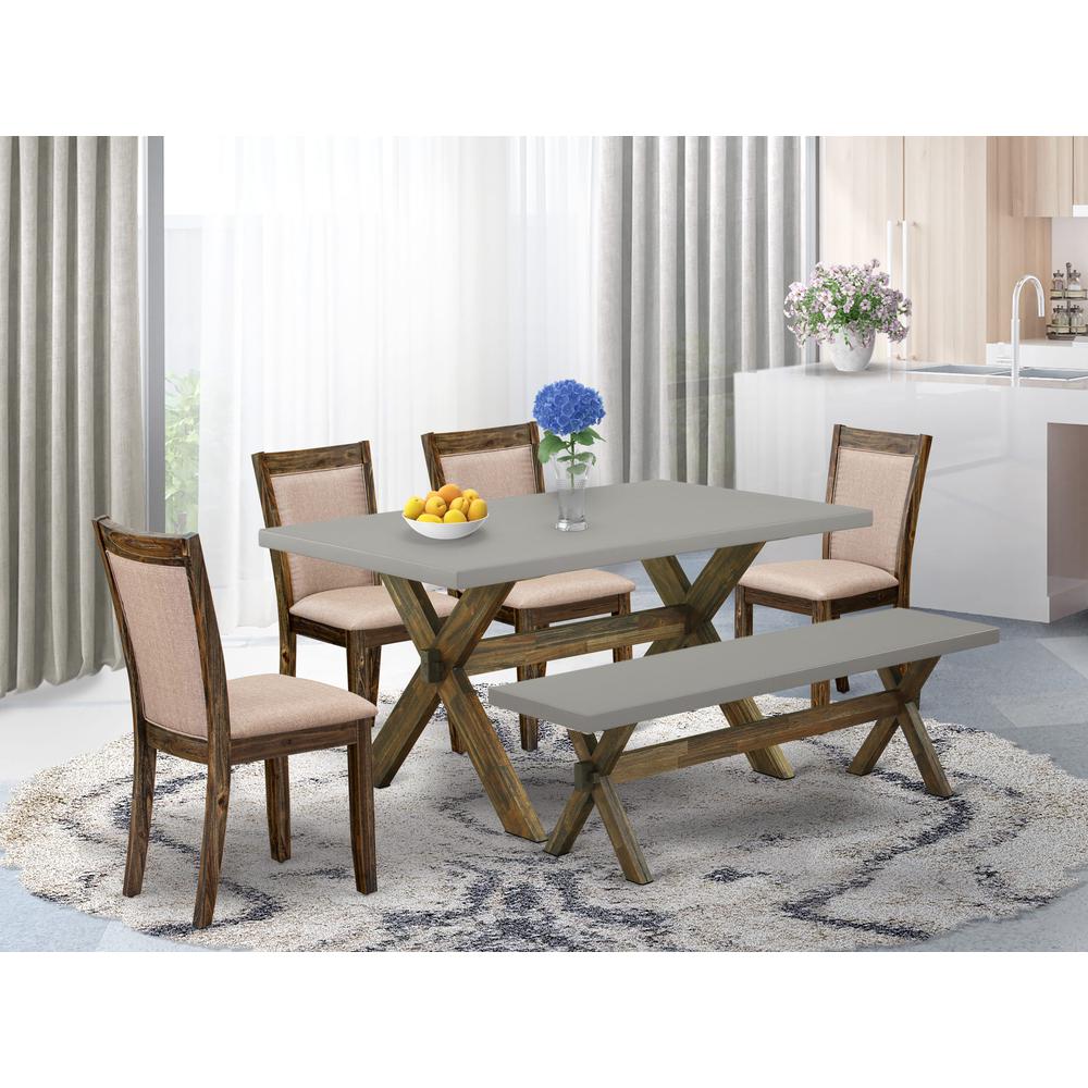 East West Furniture 6 Piece Dinning Room Set- A Cement Top Kitchen Table in Trestle Base with Wooden Bench and 4 Dark Khaki Linen Fabric Modern Chairs - Distressed Jacobean Finish. Picture 2
