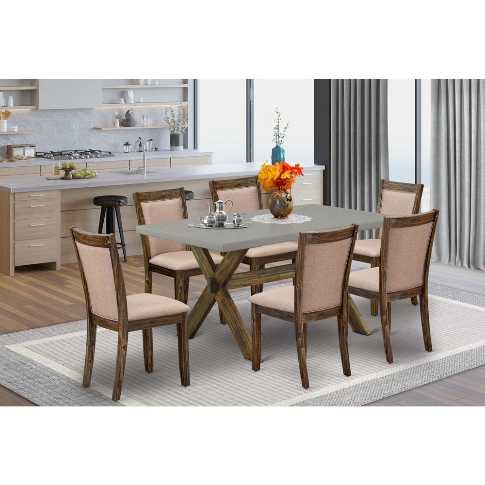 East West Furniture 7 Piece Contemporary Modern Dining Set - A Cement Top Dinner Table with Trestle Base and 6 Dark Khaki Linen Fabric Dining Room Chairs - Distressed Jacobean Finish. Picture 2