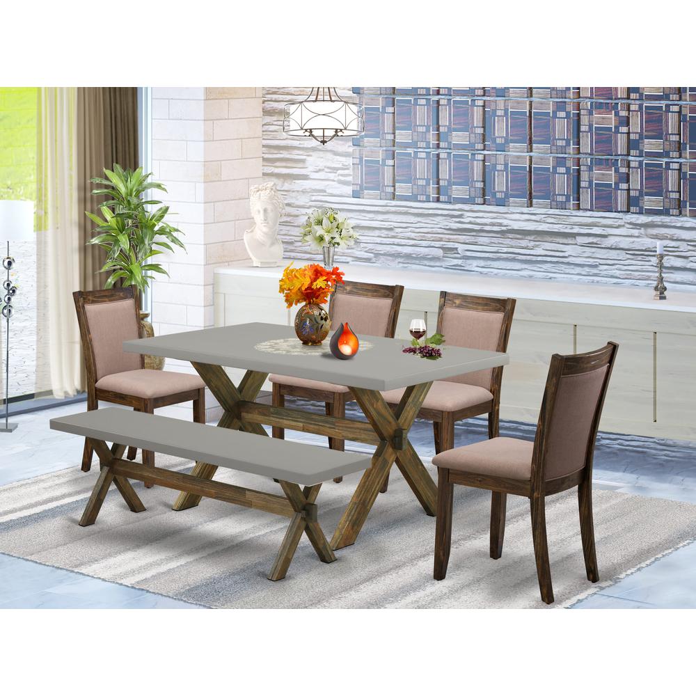 East West Furniture 6-Pc Dining Set - 4 Dining Chairs, a Dining Bench and 1 Dining Table (Distressed Jacobean Finish). Picture 2