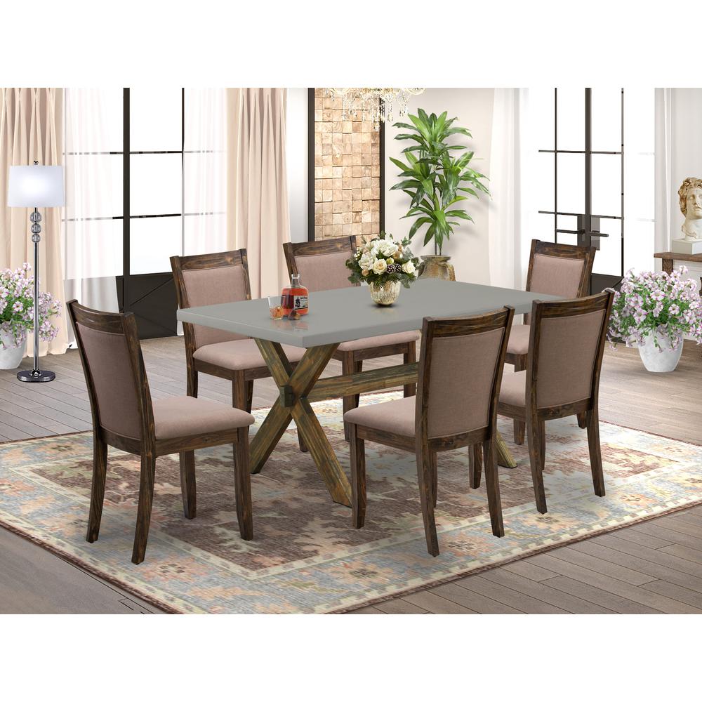 East West Furniture 7-Pc Dinette Room Set - 6 Padded Parson Chairs and 1 Modern Kitchen Table (Distressed Jacobean Finish). Picture 2