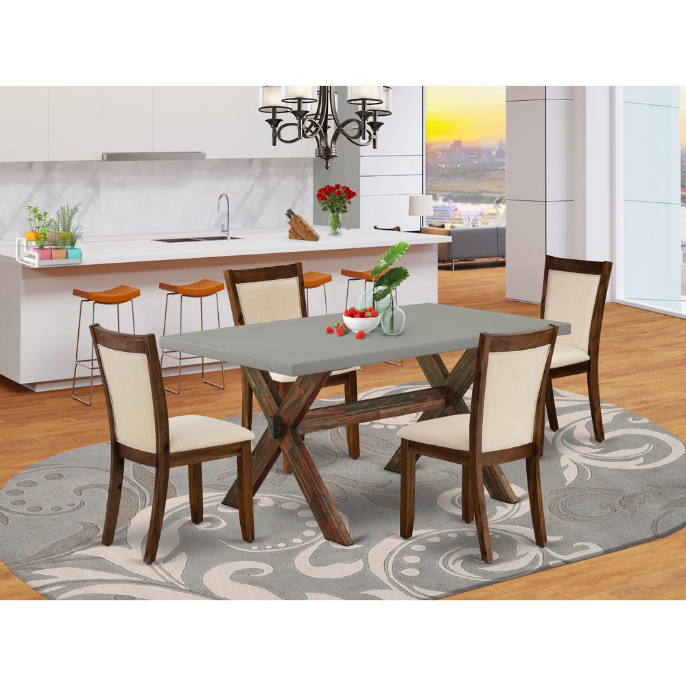 East West Furniture 5-Piece Dining Room Table Set Consists of a Mid Century Dining Table and 4 Light Beige Linen Fabric Parsons Chairs with Stylish Back - Distressed Jacobean Finish. Picture 2