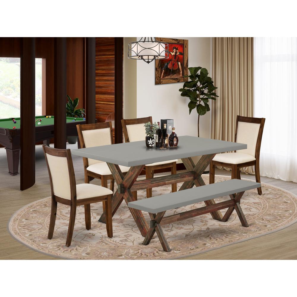 East West Furniture 6-Pc Table Set Contains a Rectangular Table and a Small Bench with 4 Light Beige Linen Fabric Parsons Chairs with Stylish Back - Distressed Jacobean Finish. Picture 2