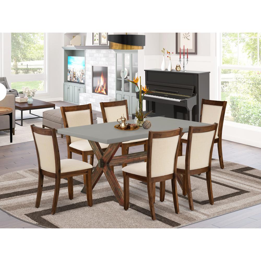 East West Furniture 7-Piece Dining Set Includes a Wooden Kitchen Table and 6 Light Beige Linen Fabric Dining Room Chairs with Stylish Back - Distressed Jacobean Finish. Picture 2