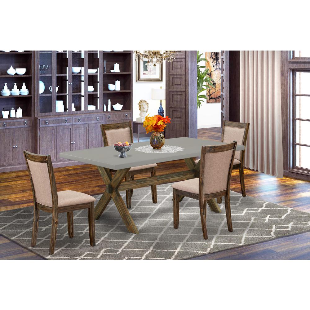 East West Furniture 5 Piece Modern Dinette Set - A Cement Top Rustic Kitchen Table with Trestle Base and 4 Dark Khaki Linen Fabric Dinner Chairs - Distressed Jacobean Finish. Picture 2