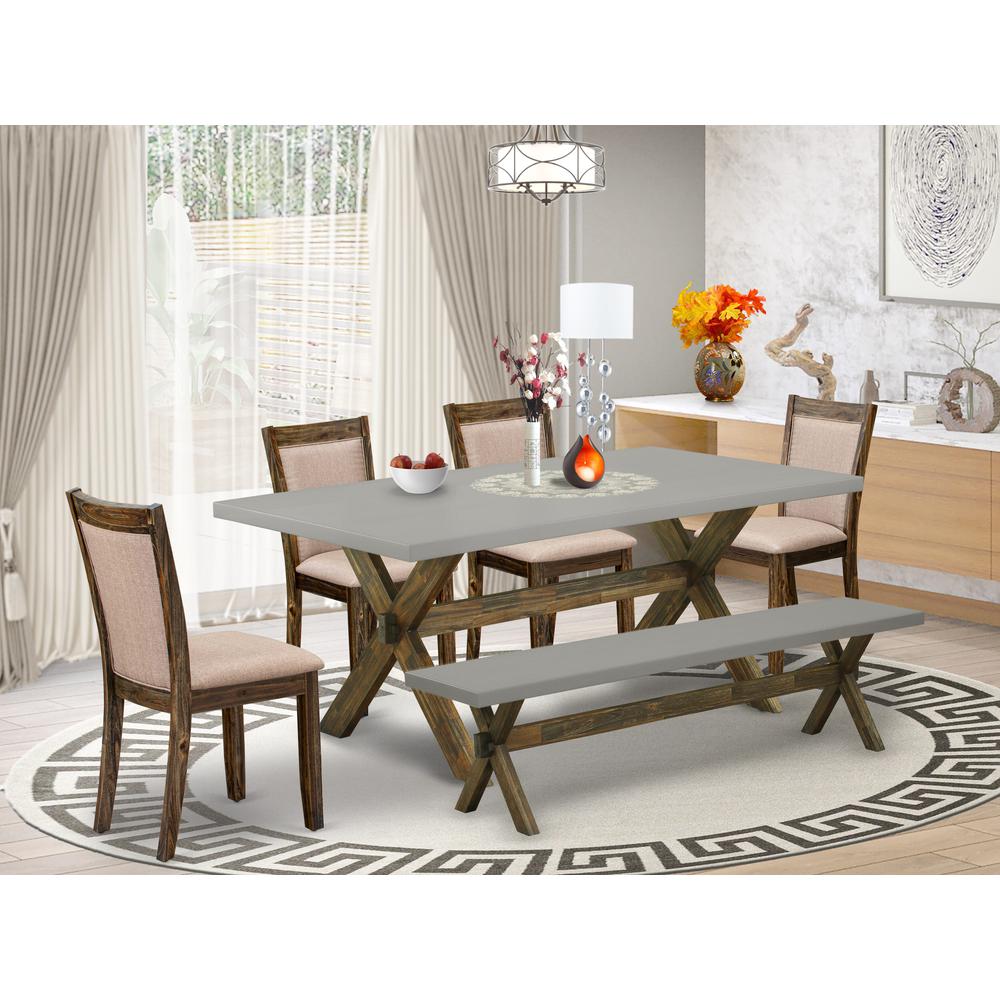 East West Furniture 6 Piece Dinning Set- A Cement Top Dining Table in Trestle Base with Dining Bench and 4 Dark Khaki Linen Fabrics Wooden Dining Chairs - Distressed Jacobean Finish. Picture 2