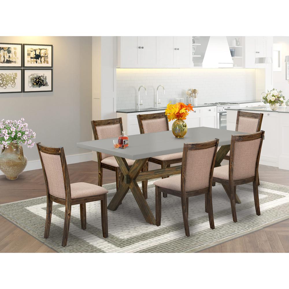 East West Furniture 7 Piece Contemporary Dining Table Set - A Cement Top Breakfast Table with Trestle Base and 6 Dark Khaki Linen Fabric Wood Dining Chairs - Distressed Jacobean Finish. Picture 2