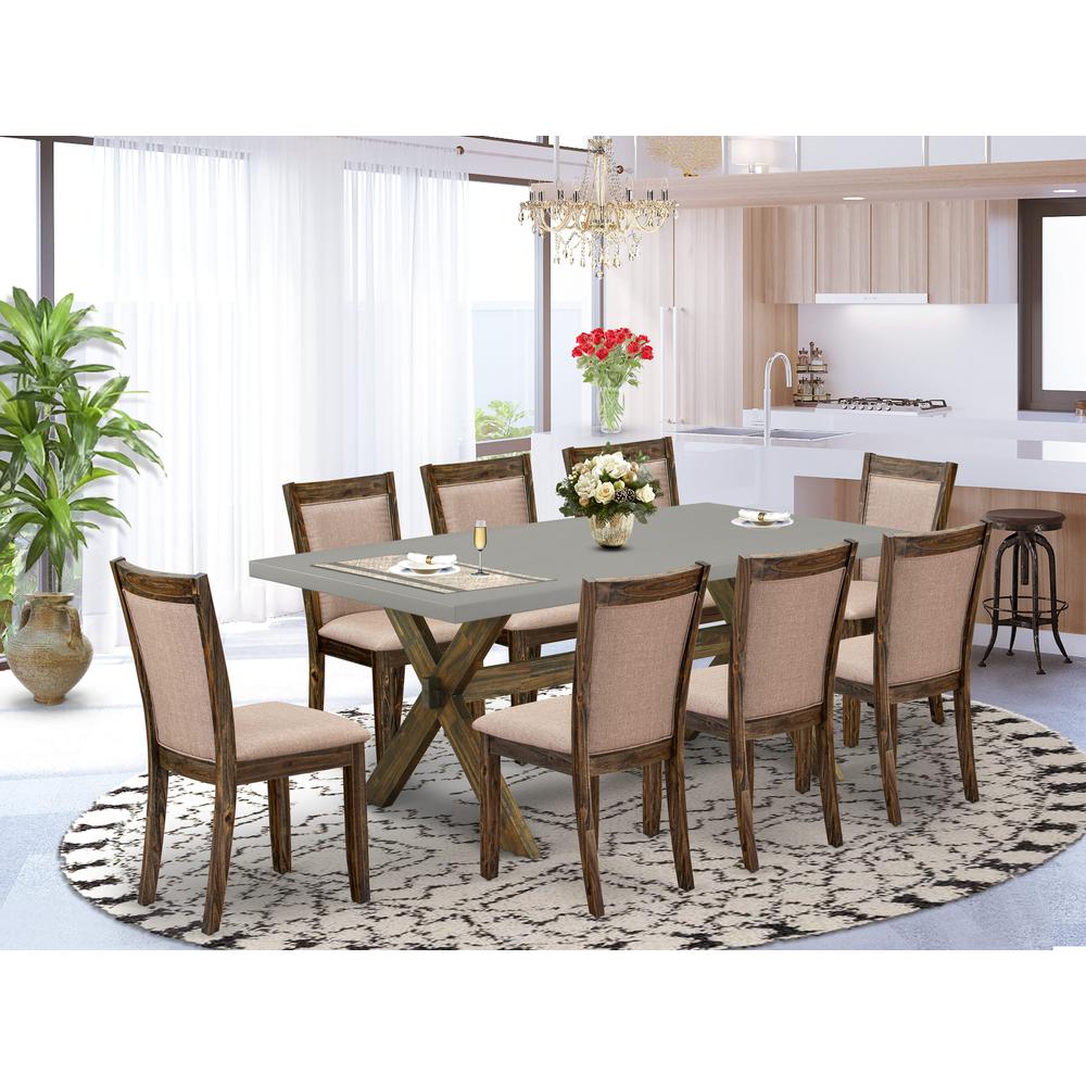 East West Furniture 9 Piece Innovative Dining Set - A Cement Top Kitchen Table with Trestle Base and 8 Dark Khaki Linen Fabric Kitchen & Dining Room Chairs - Distressed Jacobean Finish. Picture 2