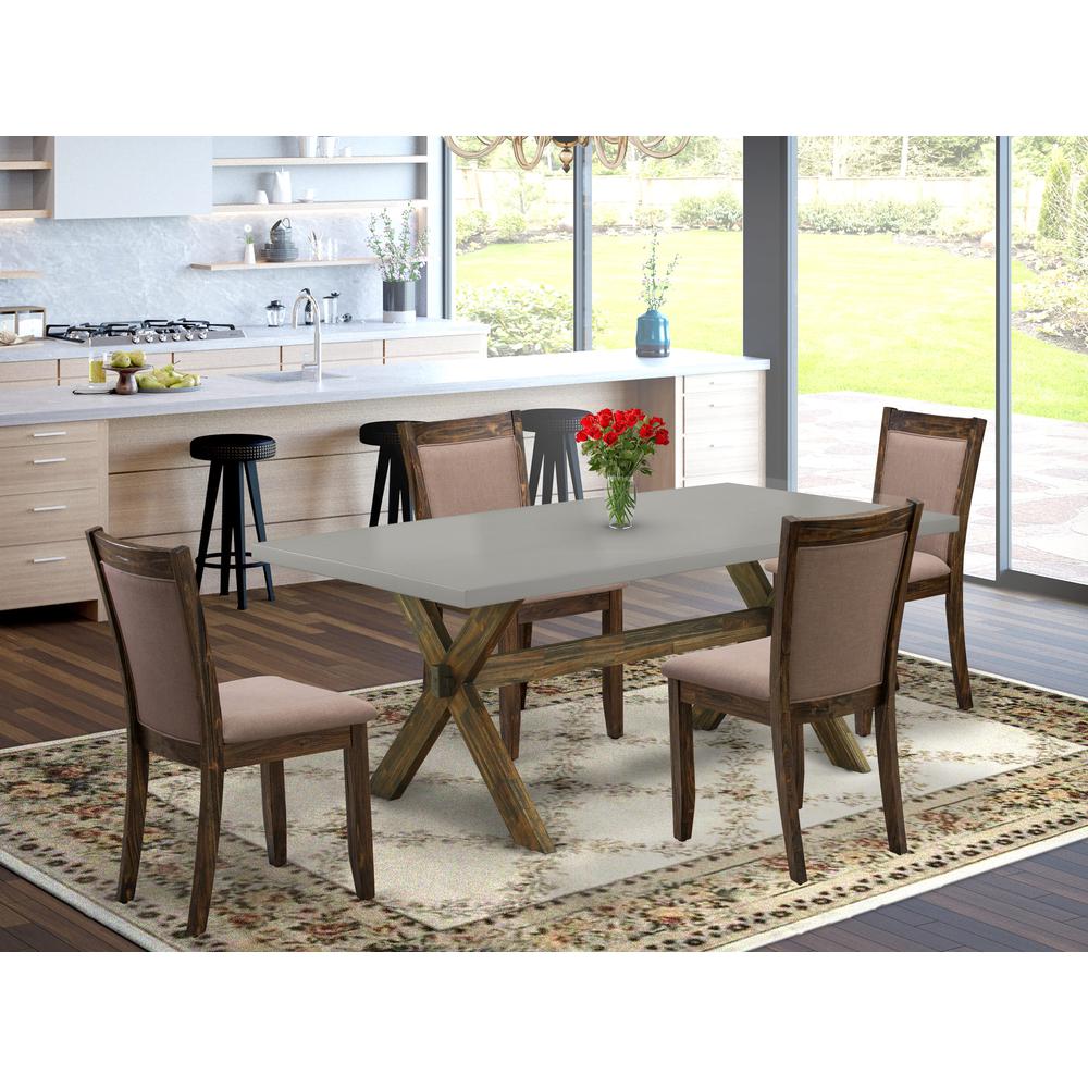 East West Furniture 5 Piece Innovative Dinning Room Set - A Cement Top Wooden Dining Table with Trestle Base and 4 Coffee Linen Fabric Rustic Dining Chairs - Distressed Jacobean Finish. Picture 2