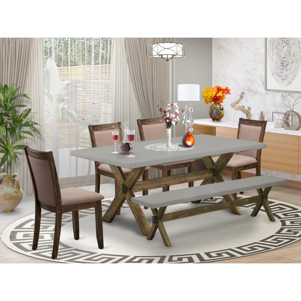 East West Furniture 6 Piece Modern Dining Table Set- A Cement Top Kitchen Table in Trestle Base with Small Wood Bench and 4 Coffee Linen Fabric Dining Chairs - Distressed Jacobean Finish. Picture 2