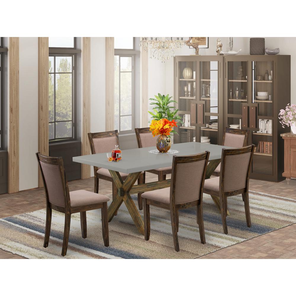 East West Furniture 7 Piece Modern Dinner Table Set - A Cement Top Dining Room Table with Trestle Base and 6 Coffee Linen Fabric Mid Century Dining Chairs - Distressed Jacobean Finish. Picture 2