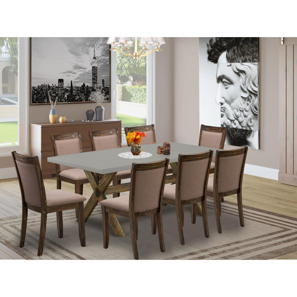 East West Furniture 9 Piece Dining Room Table Set - A Cement Top Wooden Dining Table with Trestle Base and 8 Coffee Linen Fabric Modern Dining Chairs - Distressed Jacobean Finish. Picture 2