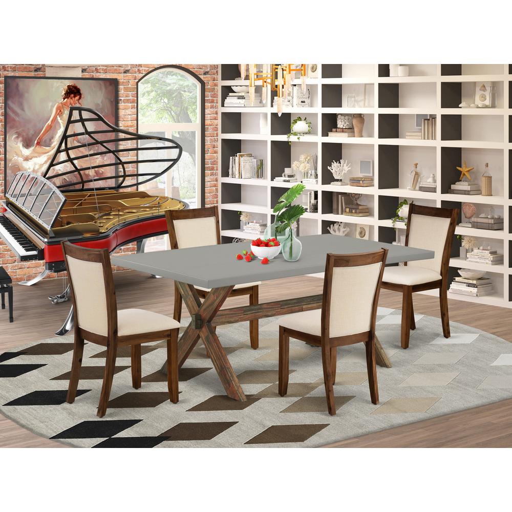 East West Furniture 5-Pc Dinner Table Set Consists of a Wood Dining Table and 4 Light Beige Linen Fabric Upholstered Dining Chairs with Stylish Back - Distressed Jacobean Finish. Picture 2