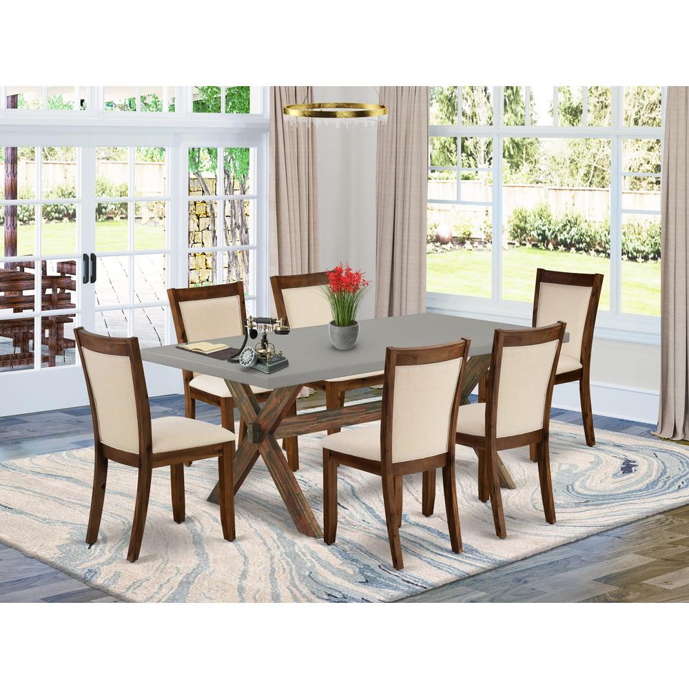 East West Furniture 7-Pc Kitchen Table Set Includes a Dining Table and 6 Light Beige Linen Fabric Dining Room Chairs with Stylish Back - Distressed Jacobean Finish. Picture 2