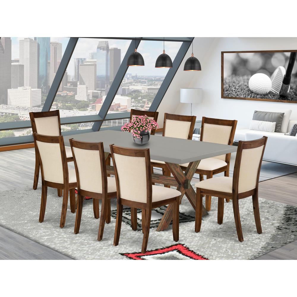East West Furniture 9-Piece Mid Century Dining Table Set Consists of a Wooden Table and 8 Light Beige Linen Fabric Upholstered Dining Chairs with Stylish Back - Distressed Jacobean Finish. Picture 2