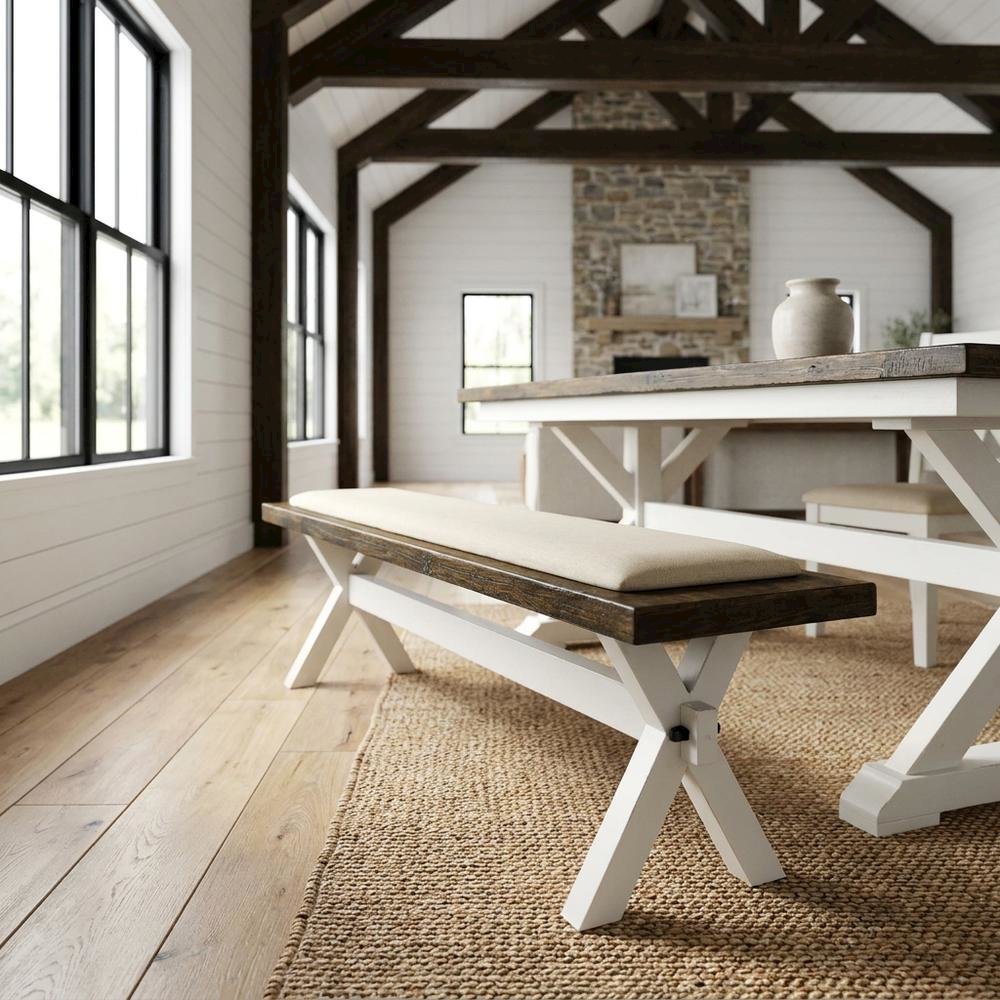 Wooden Dining Bench with X-Style Base for Kitchen and Dining Room, Brown/White. Picture 2