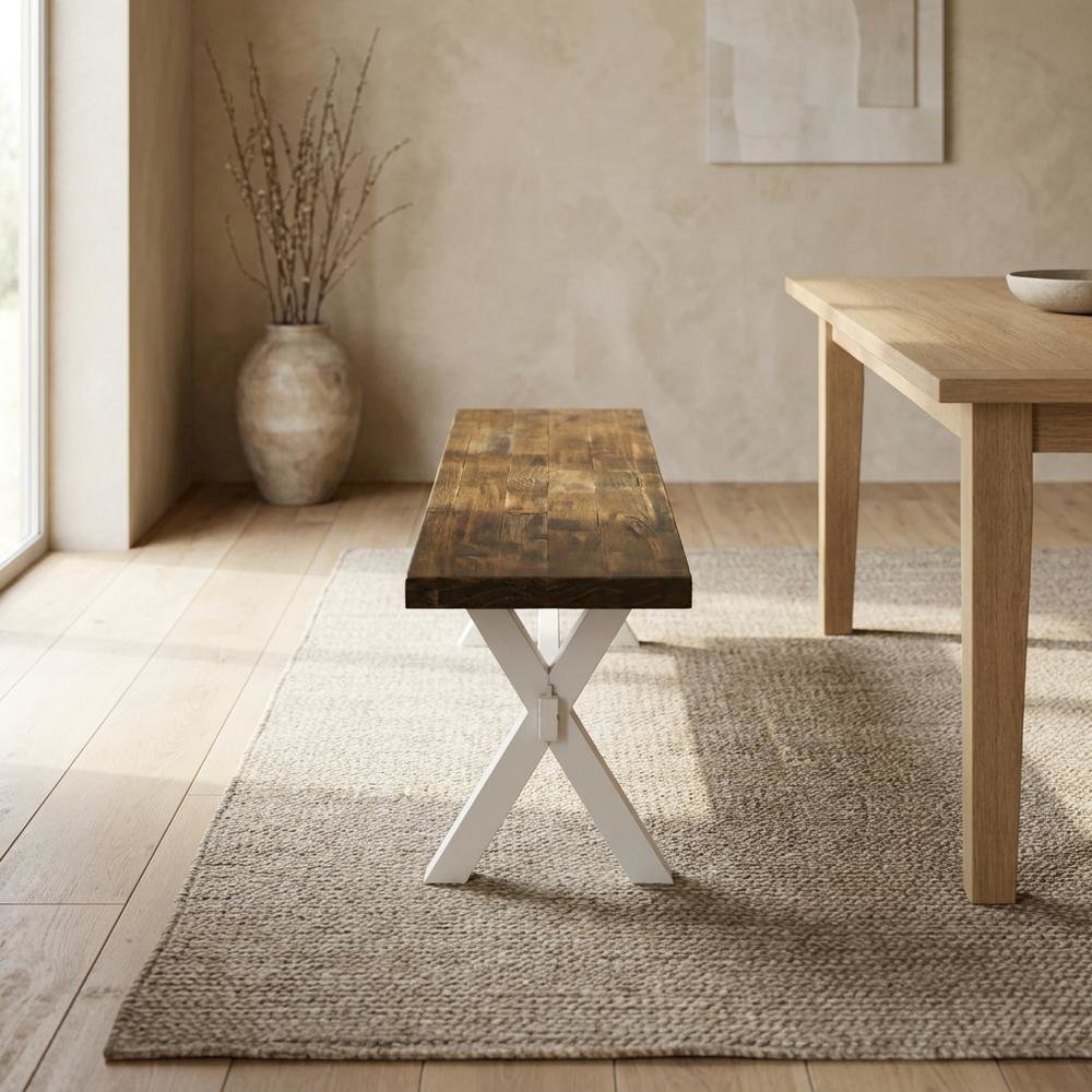Wooden Dining Bench with X-Style Base for Kitchen and Dining Room, Brown/White. Picture 3