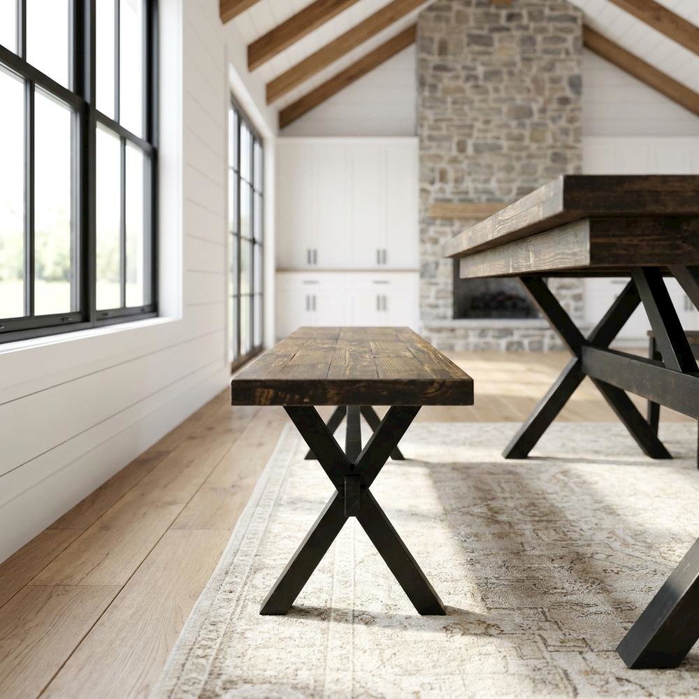 Rubberwood Dining Bench with X-Style Base and Wooden Seat for Dining Room, Black. Picture 2
