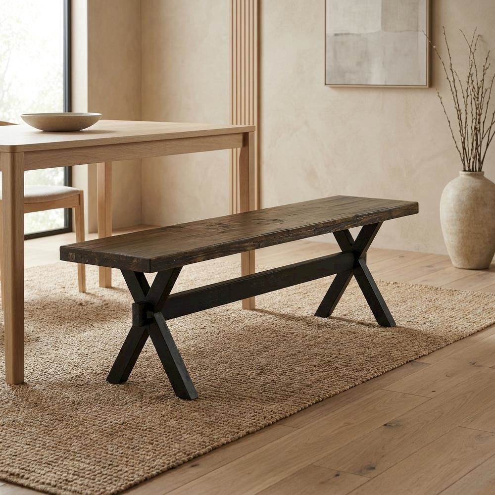 Rubberwood Dining Bench with X-Style Base and Wooden Seat for Dining Room, Black. Picture 3