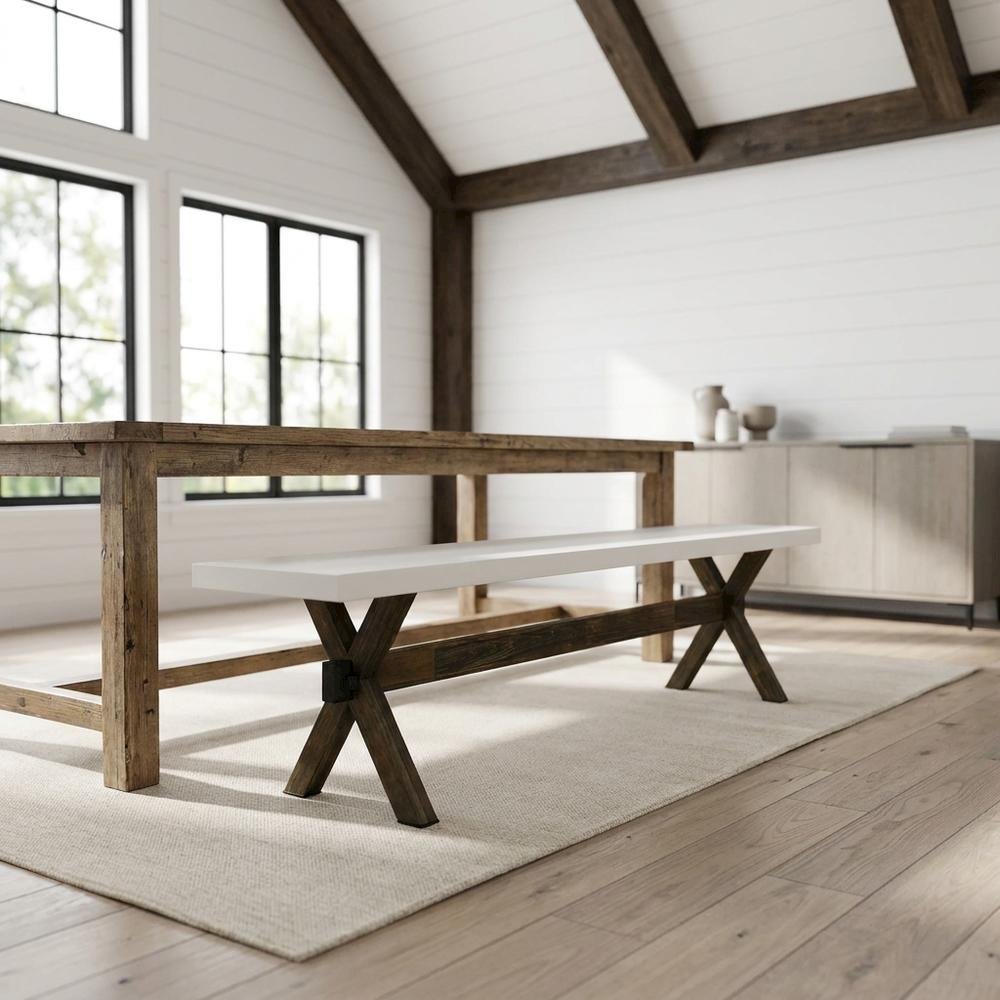 Solid Wood Dining Bench with X-Style Mid-Century Modern Base for Dining Room. Picture 2