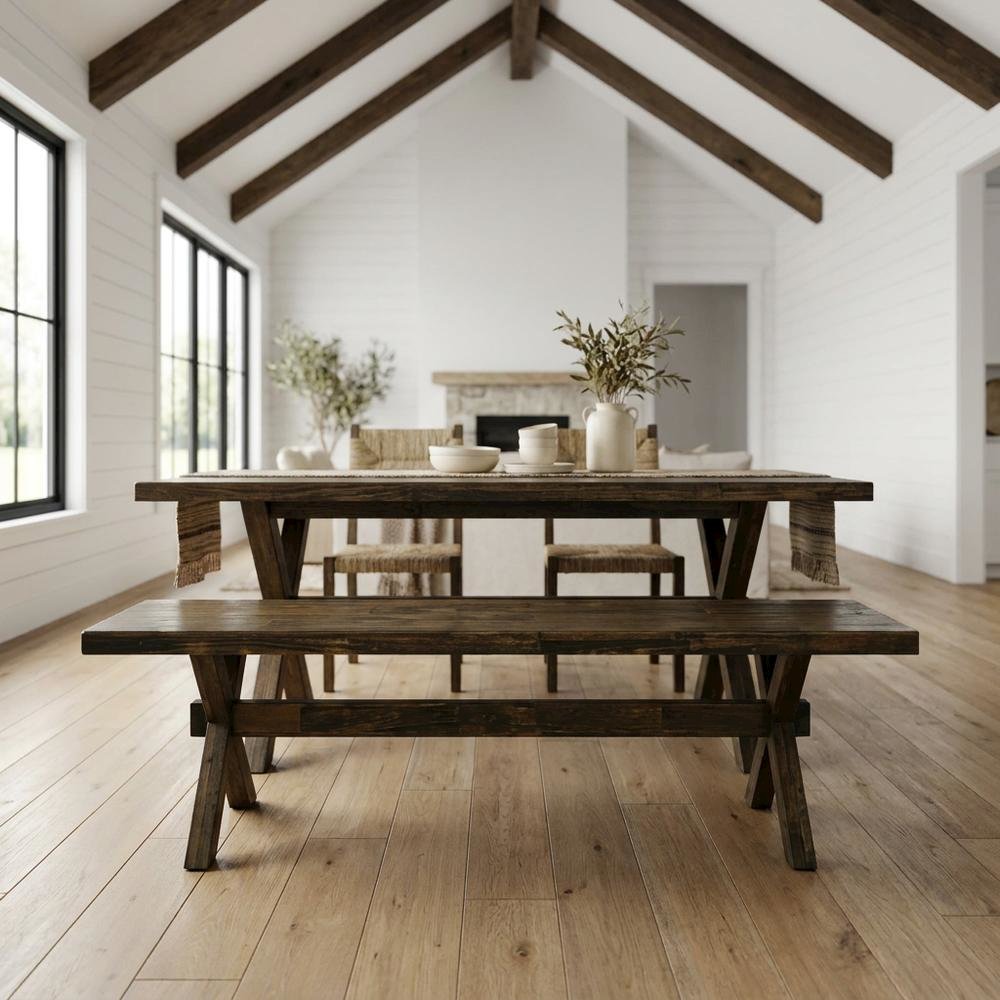 Wooden Dining Bench with X-Style Base for Kitchen and Dining Room. Picture 2