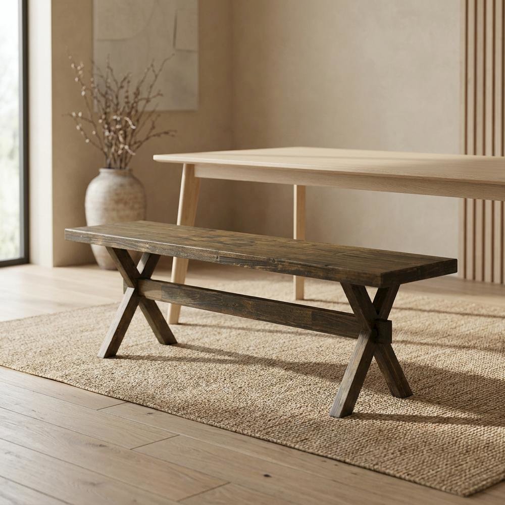 Wooden Dining Bench with X-Style Base for Kitchen and Dining Room. Picture 3