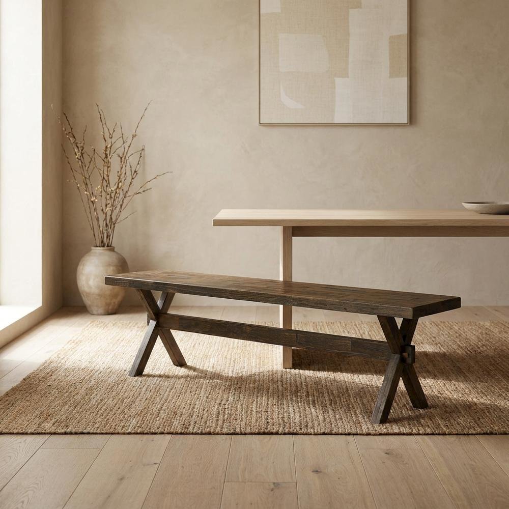 Solid Wood Dining Bench with X-Style Base for Dining Room, Brown/Brown. Picture 3