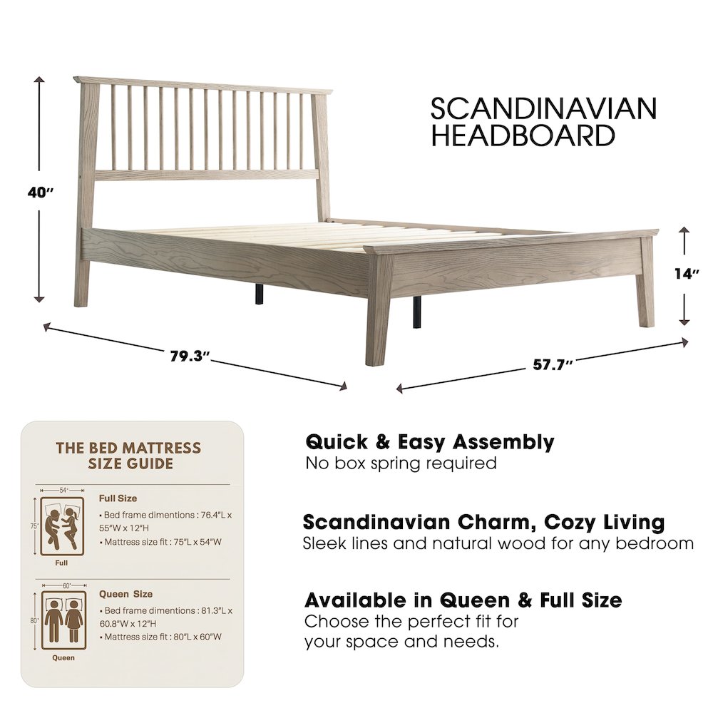 Full Wooden Platform Bed Frame, Driftwood Gray Oak Finish, Morden Style. Picture 2